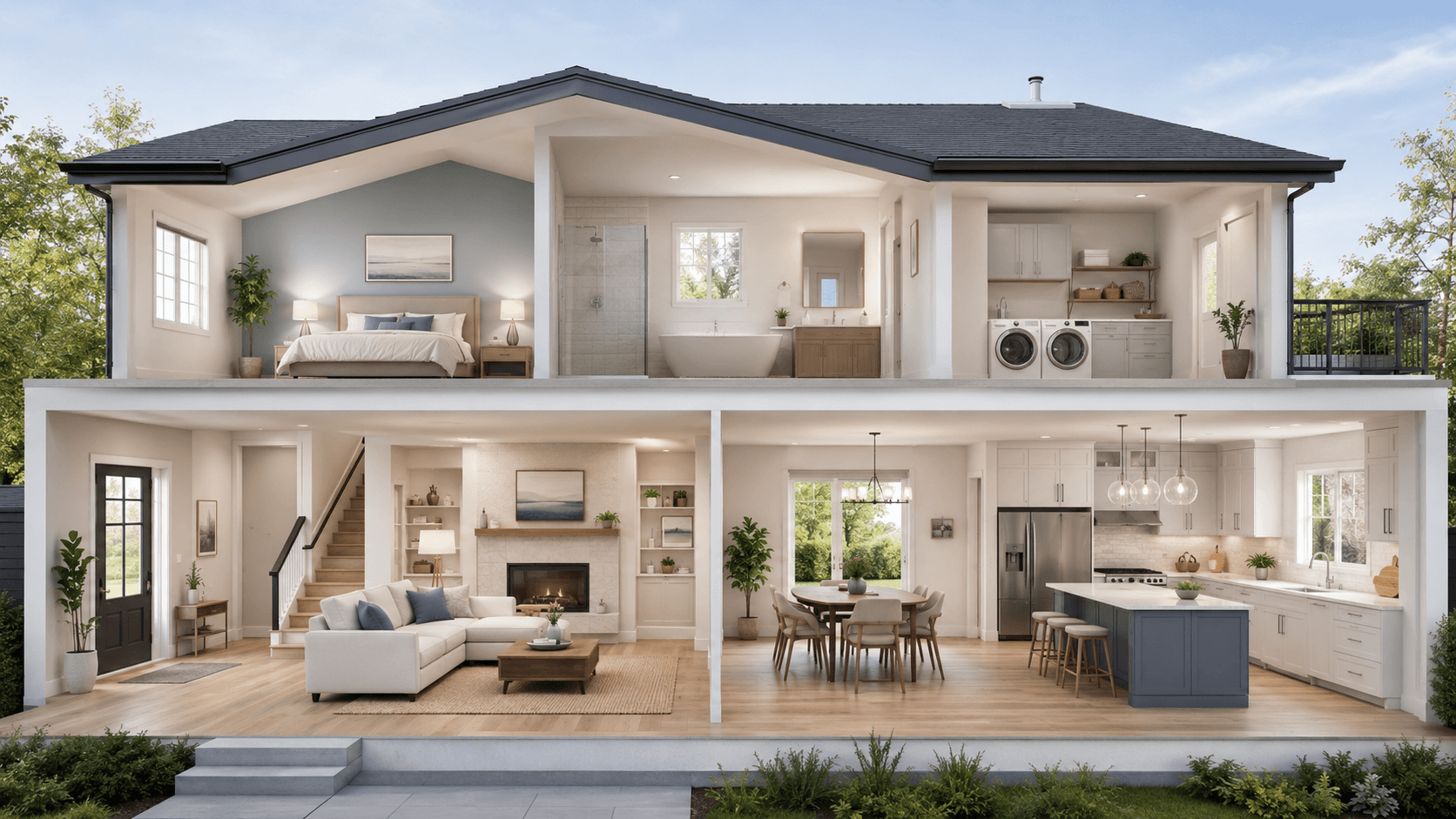 Cutaway view of a modern home showing living, bathroom, laundry and kitchen spaces