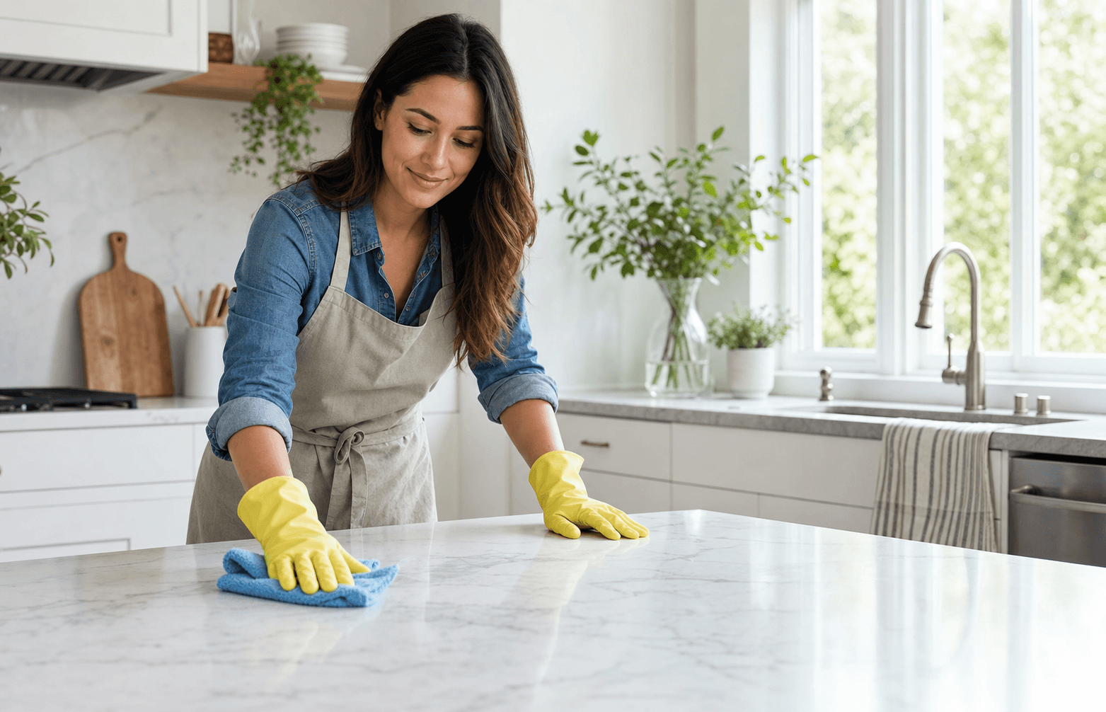 Woman cleaning a bright kitchen counter